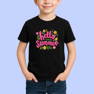 Tricou Hello Summer Font Roz Flori Colorate V2, din bumbac 100%, tricou negru Copii | Dama | Barbat - Img 2