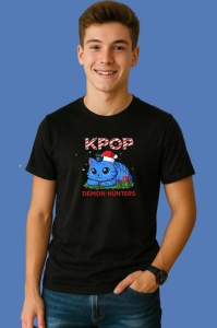 Tricou Huntrix K Pop Hunters Demon Pisica Albastra Craciun Ornament Caciula, din bumbac 100%, tricou negru, Copii | Dama | Barbat