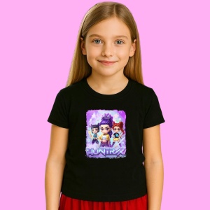Tricou Huntrix K Pop Hunters Demon Poster Cu Margine Mov Si Pisica, din bumbac 100%, tricou negru, Copii | Dama | Barbat - Img 2