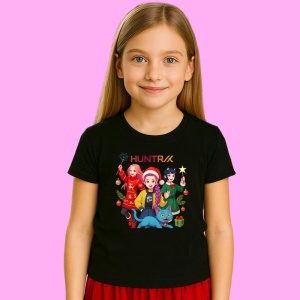 Tricou Huntrix K Pop Hunters Demon Trio Fete Cu Pisica Albastra Zambitoare, din bumbac 100%, tricou negru, Copii | Dama | Barbat - Img 2