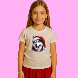 Tricou Husky Craciun Cu Fundita Rosie, din bumbac 100%, tricou alb, Copii | Dama | Barbat - Img 2