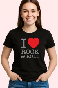 Tricou I Love Rock And Roll Inima Rosie, din bumbac 100%, tricou negru Copii | Dama | Barbat - Img 3