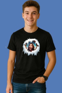 Tricou Iisus Cu Fundal Albastru Si Privire Zambitoare Craciun, din bumbac 100% Copii | Dama | Barbat