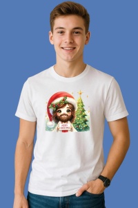 Tricou Isus Copil Mesaj Merry Christmas Langa Brad, din bumbac 100%, tricou alb, Copii | Dama | Barbat - Img 1