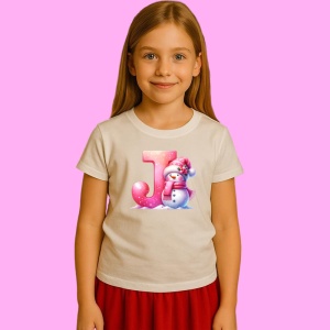 Tricou J Litera Craciun Roz Cu Om De Zapada Fulgi De Zapada, din bumbac 100% Copii | Dama | Barbat - Img 2
