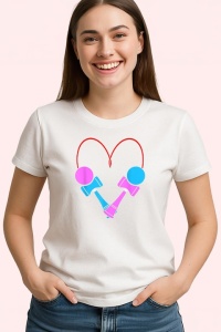 Tricou Kendama inimioara cu doua kendama colorate design cute, din bumbac 100%, tricou alb, Copii | Dama | Barbat