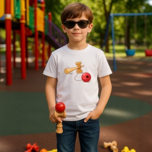 Tricou Kendama simpla desen realist in miscare, din bumbac 100%, tricou alb, Copii | Dama | Barbat