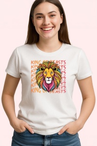 Tricou King Of Beasts Leu Colorat Coroana V1, din bumbac 100% , tricou alb pentru Copii | Dama | Barbat