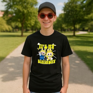 Tricou Labubu birthday yellow, Unisex Dama si Barbat | Copii, Culoare Negru - Img 4