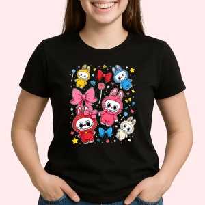 Tricou Labubu fete colorate, Unisex Dama si Barbat | Copii, Culoare Negru