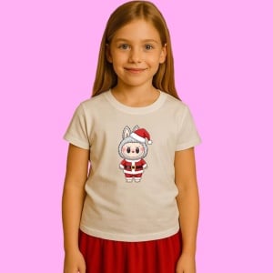 Tricou Labubu Gri Cu Palarie Mos Craciun, din bumbac 100%, tricou alb, Copii | Dama | Barbat - Img 2