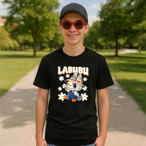 Tricou Labubu palarie tiger, Unisex Dama si Barbat | Copii, Culoare Negru - Img 4