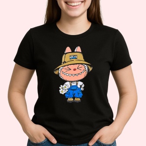 Tricou Labubu pisica portocalie, Unisex Dama si Barbat | Copii, Culoare Negru