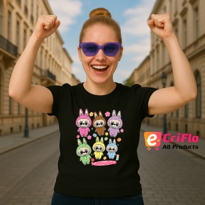 Tricou Labubu trio curcubeu, Unisex Dama si Barbat | Copii, Culoare Negru - Img 3