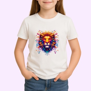 Tricou Leu artistic cu coama curcubeu fundal alb Copii | Dama | Barbat - Img 3