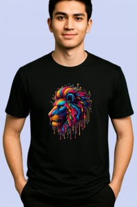 Tricou Leu cu coama multicolora in stil pictura digitala Copii | Dama | Barbat, culoare negru - Img 2