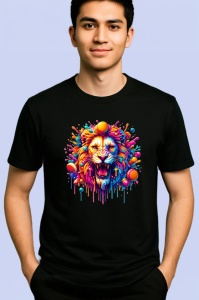 Tricou Leu inflacarat cu fundal roz portocaliu Copii | Dama | Barbat, culoare negru - Img 2
