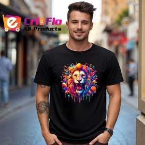 Tricou Leu inflacarat cu fundal roz portocaliu Copii | Dama | Barbat, culoare negru