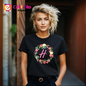 Tricou Litera H Colectia Flori Text Roz, din bumbac 100%, tricou negru, Dama | Barbat