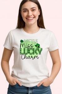 Tricou Little Miss Lucky Charm Text Verde Trifoi, din bumbac 100% , tricou alb pentru Copii | Dama | Barbat - Img 2
