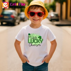 Tricou Little Miss Lucky Charm Text Verde Trifoi, din bumbac 100% , tricou alb pentru Copii | Dama | Barbat - Img 4