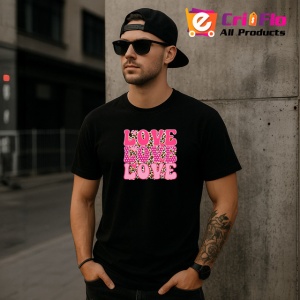 Tricou Love Love Love Text Roz Pattern Inimi V1, din bumbac 100%, tricou negru Copii | Dama | Barbat - Img 6