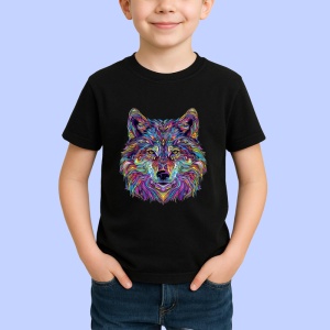 Tricou Lup artistic cu blana curcubeu si privire intensa Copii | Dama | Barbat, culoare negru - Img 4