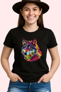 Tricou Lup colorat in stil pop art fundal alb Copii | Dama | Barbat, culoare negru - Img 3
