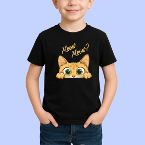 Tricou Meow Meow Pisica Portocalie Ochi Mari, din bumbac 100%, tricou negru Copii | Dama | Barbat - Img 2