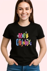 Tricou Merry Christmas Text Colorat, din bumbac 100%, tricou negru, Dama | Barbat - Img 3