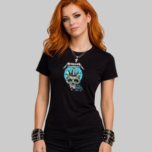 Tricou Metallica Craniu Time Marche On, din bumbac 100%, tricou negru, Dama | Barbat - Img 3