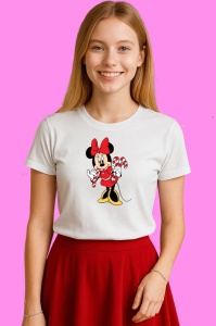 Tricou Minnie Cu Baston Dulce Si Fundita Rosie, din bumbac 100% Copii | Dama | Barbat