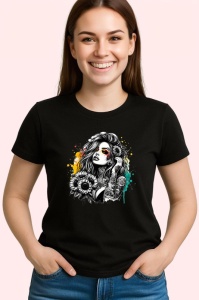 Tricou Monochrome floral tattoo portrait, portret tatuat alb negru cu flori, Copii | Dama | Barbat , tricou negru - Img 3
