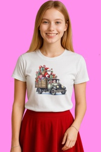 Tricou Mos Craciun Cu Camion Vechi Plin De Cadouri, din bumbac 100%, tricou alb, Copii | Dama | Barbat