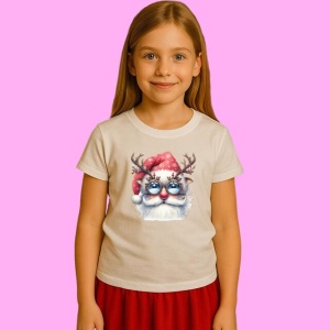 Tricou Mos Craciun Cu Ochelari Mari Si Coarne, din bumbac 100%, tricou alb, Copii | Dama | Barbat