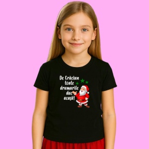 Tricou Mos Craciun Drumurile Duc Acasa Negru, din bumbac 100% Copii | Dama | Barbat - Img 3
