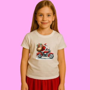Tricou Mos Craciun Pe Motocicleta Rosie Cu Sac Mare, din bumbac 100%, tricou alb, Copii | Dama | Barbat - Img 2