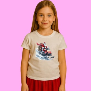Tricou Mos Craciun Pe Snowmobil Cu Sac Plin, din bumbac 100%, tricou alb, Copii | Dama | Barbat - Img 2
