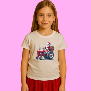 Tricou Mos Craciun Pe Tractor Rosu Cu Brad, din bumbac 100%, tricou alb, Copii | Dama | Barbat - Img 1