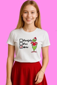 Tricou Naughty Nice Mean Grinch Checklist, din bumbac 100%, tricou alb, Copii | Dama | Barbat