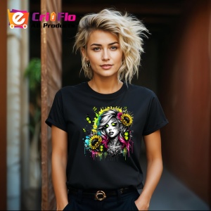 Tricou Neon eyes girl flowers tattoo, fata cu ochi neon si tatuaje florale, Copii | Dama | Barbat , tricou negru - Img 8