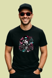 Tricou Noir woman fedora hat rose tattoo, femeie stil noir cu palarie fedora si trandafiri, Copii | Dama | Barbat , tricou negru - Img 3