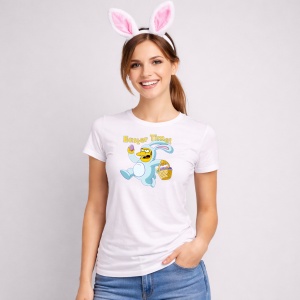 Tricou Paste Easter Time Iepuras Alergand Cos Oua Colorate, din bumbac 100%, tricou alb, Copii | Dama | Barbat - Img 3