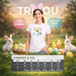 Tricou Paste Easter Time Iepuras Alergand Cos Oua Colorate, din bumbac 100%, tricou alb, Copii | Dama | Barbat - Img 8