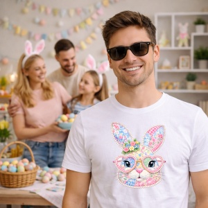 Tricou Paste Iepuras Cu Ochelari Fundita Floral Pastel Cute, din bumbac 100%, tricou alb, Copii | Dama | Barbat - Img 7