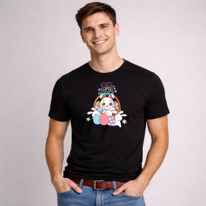 Tricou Paste Iepuras Paste Cos Oua Colorate Happy Easter Cute, din bumbac 100%, tricou negru, Copii | Dama | Barbat - Img 3