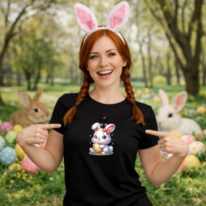 Tricou Paste Iepuras Paste Ou Colorat Simplu Kawaii, din bumbac 100%, tricou negru, Copii | Dama | Barbat - Img 9