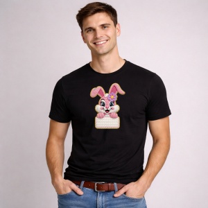 Tricou Paste Iepuras Roz Cu Fundita Decor Paste Cute, din bumbac 100%, tricou negru, Copii | Dama | Barbat - Img 2