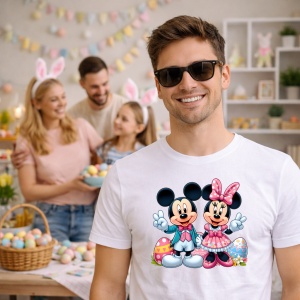 Tricou Paste Mickey Si Minnie Paste Oua Colorate Cuplu Vesel, din bumbac 100%, tricou alb, Copii | Dama | Barbat - Img 7