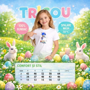 Tricou Paste Sonic Iepuras Felices Pascua Oua Colorate, din bumbac 100%, tricou alb, Copii | Dama | Barbat - Img 4